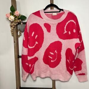 Altard State Long Sleeve Crew Pink Smiley Face Oversized Sweater Size‎ Small